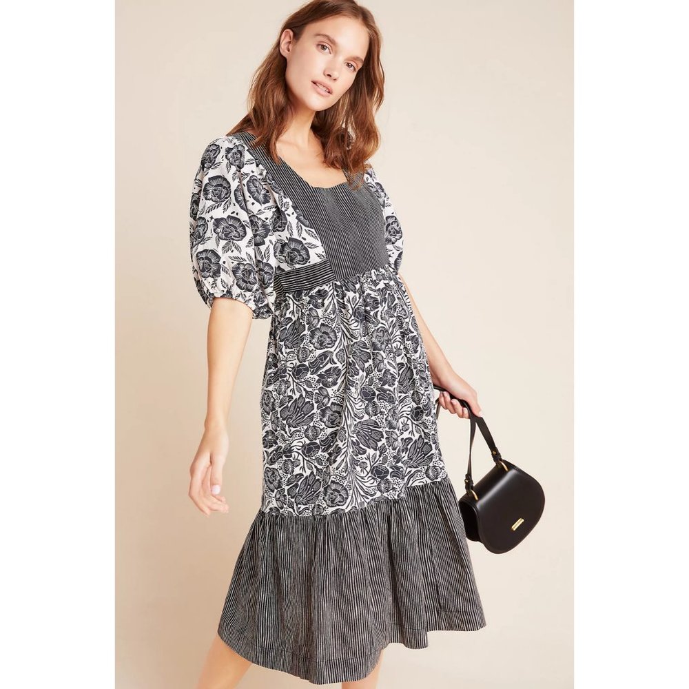 ANTHRO Blooming Print Adrienne Flounced Midi Dress